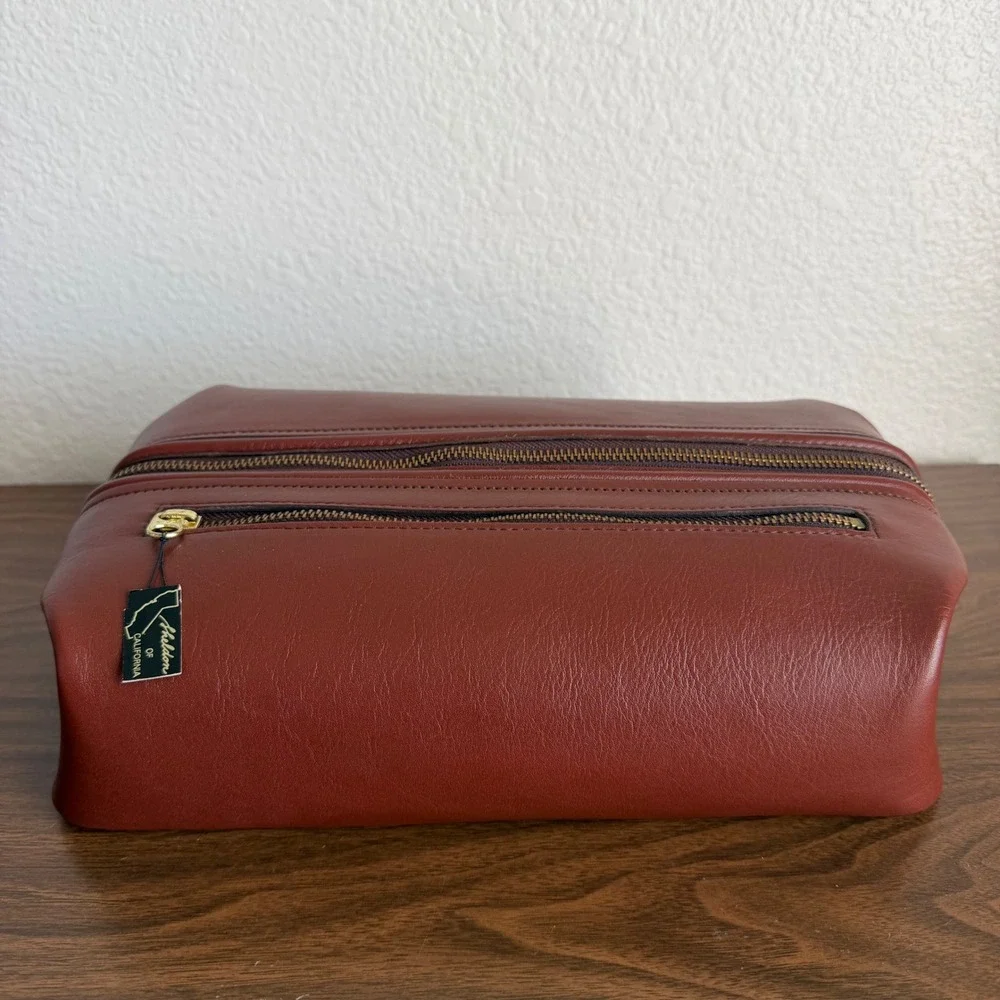 Vintage Brown Leather Zippered Travel Toiletry Dopp Bag Tan Lined Sheldon USA